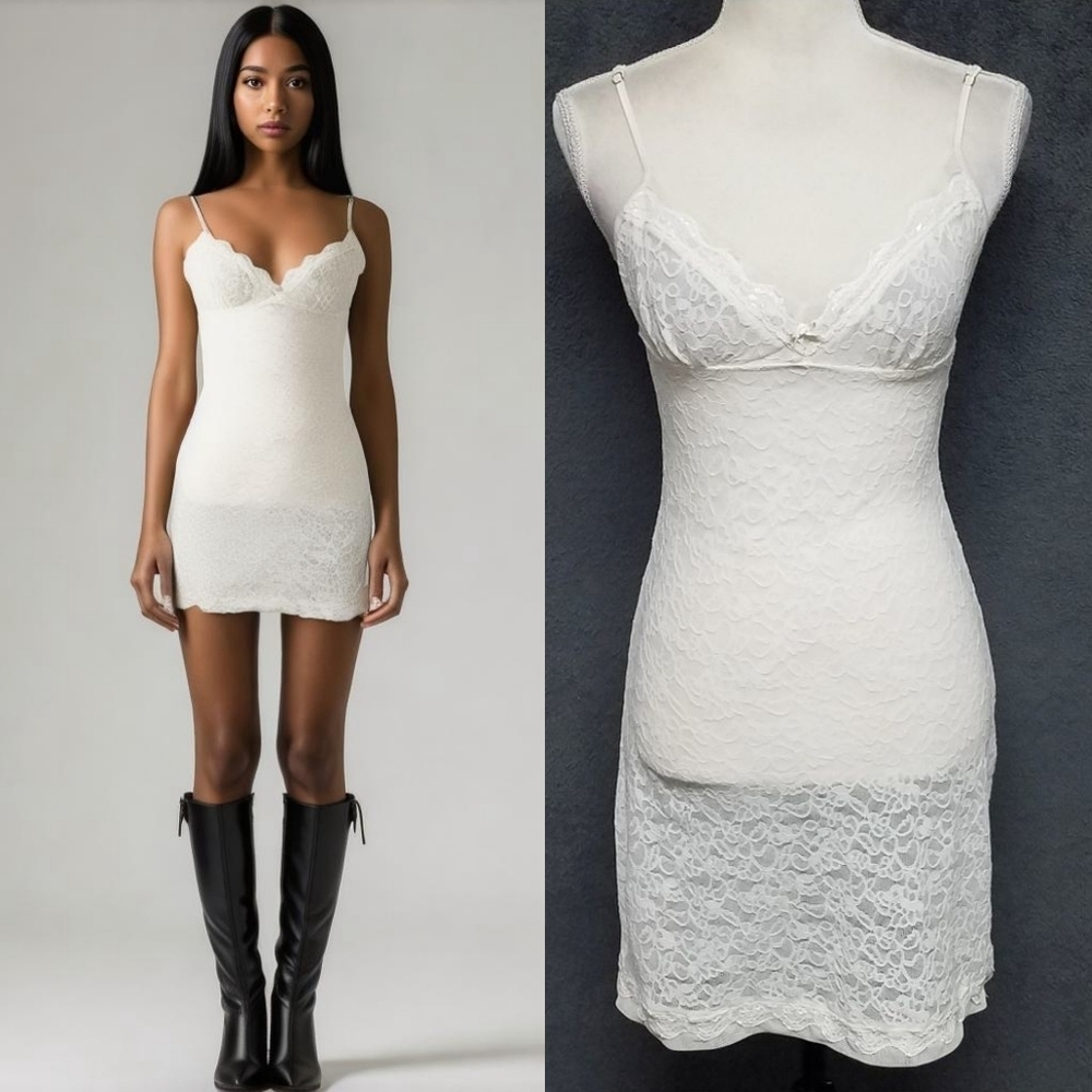 Y2K Vintage Victoria's Secret Silver Label White Stretchy Lace V-neck Mini Dress